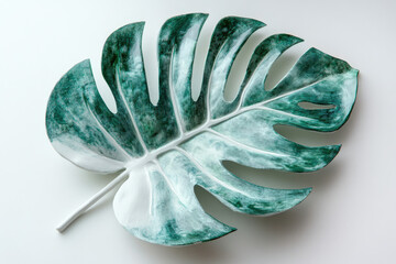 Poster - A large, intricately detailed monstera deliciosa leaf, painted in shades of green and white, rests on a white background.