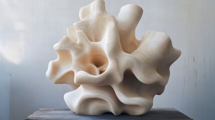 Poster - Abstract wooden sculpture with organic, flowing forms and textures, displayed on a dark wooden surface against a light background.