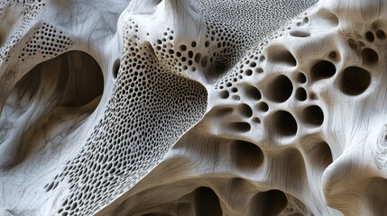 Poster - Abstract wood texture with porous, cavernous, and honeycomb-like formations.