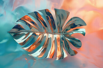 Poster - A metallic Monstera leaf reflects vibrant teal and peach hues, creating a stunning abstract art piece.