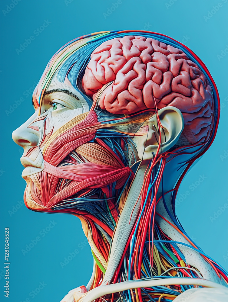 Anatomical illustration of the human head, showing all muscles and ...