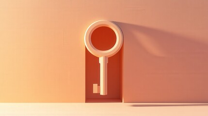 Poster - minimalist key design embedded in a soft pink wall, casting a subtle shadow, symbolizing access