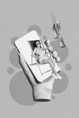 Poster - Retro abstract creative artwork template collage of hand holding device beautiful woman enjoy summer travel agency client tourist display