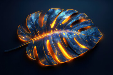 Aufkleber - Glowing blue monstera leaf with orange inner light, dark background, 3D render.