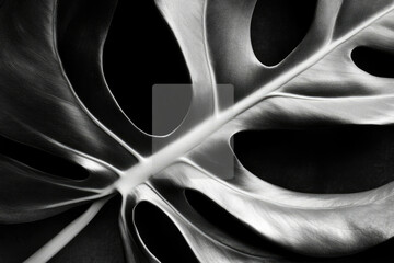 Poster - A dramatic black and white close-up of a Monstera deliciosa leaf, showcasing its unique texture and form.