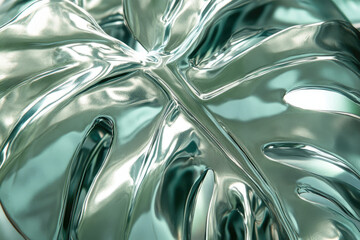 Poster - Close-up of a metallic teal monstera leaf with reflective surface texture.