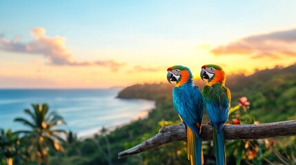 Poster - Two vibrant macaws perched on a branch catch the warm glow of a tropical sunset as they gaze towards the calm ocean. The peaceful scene captures a perfect vacation moment in paradise.