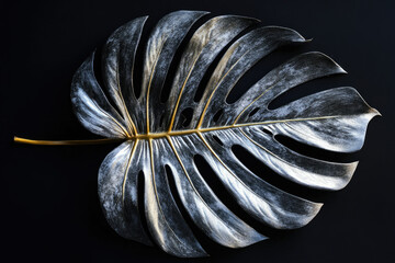 Poster - A single monstera leaf, painted in elegant black and gold, isolated against a stark black backdrop.