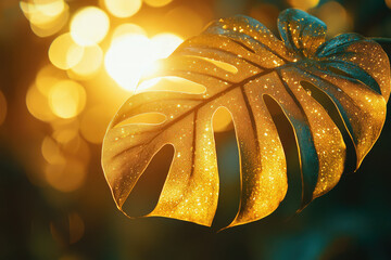 Poster - Golden monstera leaf glistening with dew, backlit by warm bokeh lights.