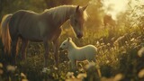 Gray Mare and White Foal in Golden Hour Meadow