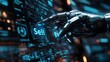 © TranNgoc - A close-up of a sleek robotic hand pressing a glowing blue 'Sell' button on a futuristic control panel, the background showing holographic interfaces and digital readouts,
