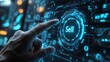 © TranNgoc - A detailed shot of an index finger about to press a pulsating blue 'Sell' icon on a futuristic touchscreen, glowing charts and financial indicators visible in the background,