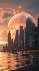 Wall Mural - futuristic cityscape sunset with giant sphere