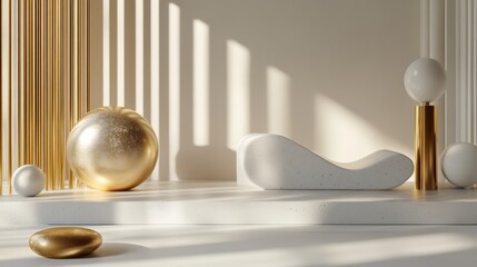 Poster - Modern minimalist interior showcasing elegant golden decor elements with soft lighting and shadows