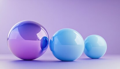 Wall Mural - Three glossy spheres, purple, light blue, pastel background.