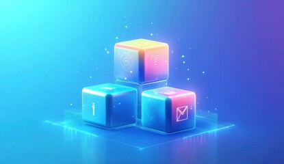Wall Mural - Three glowing cubes with security, communication, and data icons, on a digital platform.