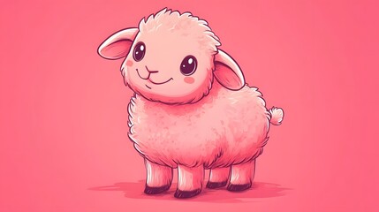 Poster - Adorable Cartoon Sheep Standing on Pink Colored Background