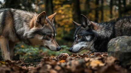  Two Wolves Encounter in Autumn Forest