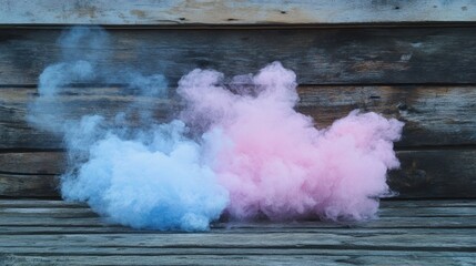 Poster - Blue and pink smoke clouds on rustic wooden surface.