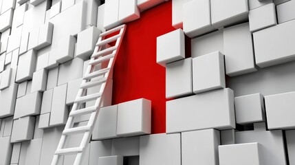 Poster - Abstract representation of a ladder leading to a red opening in a white cube wall, symbolizing opportunity