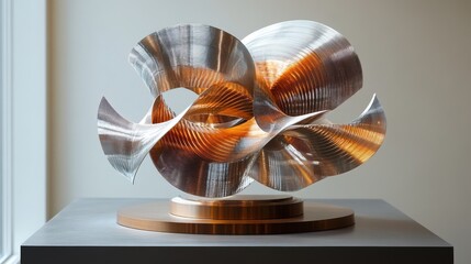 Poster - Modern Abstract Sculpture with Dynamic Waves and Flowing Shapes Reflecting Light in a Contemporary Space