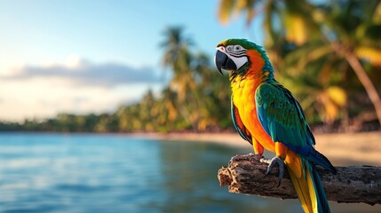 Poster - A vibrant macaw rests on a driftwood branch near the calm turquoise ocean. Lush palm trees sway gently in the warm breeze, creating a perfect tropical vacation atmosphere.