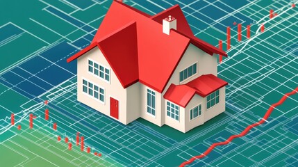 Poster - 3D illustration of a house on a digital graph background showcasing real estate trends