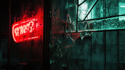 Poster - Broken window with red neon sign at night.