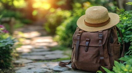 Poster - Brown backpack with straw hat sits on stone path in garden.