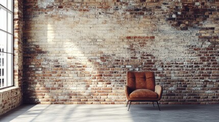 Aufkleber - Brown leather armchair against exposed brick wall in sunlit room.