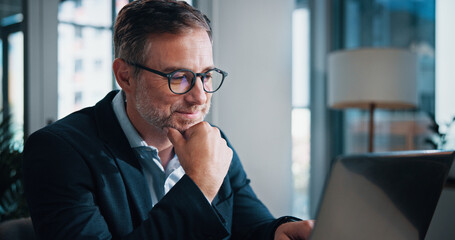 Poster - Business, thinking and man with laptop, internet and solution with problem solving, choice and decision. Person, employee and accountant with pc, stock market and connection with ideas and planning