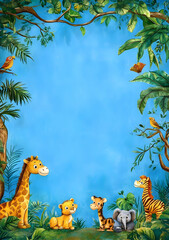 Naklejka na meble A colorful jungle scene featuring cartoon animals and a blue background for creative use.
