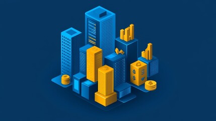 Poster - Stylized Cityscape Illustration with Blocky Buildings and Financial Growth Charts in Isometric View for Business and Technology Concepts