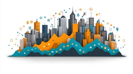 Poster - Abstract cityscape illustration with financial graph overlay symbolizing urban economy and investment opportunities in modern architecture
