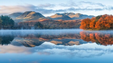 Aufkleber - Calm lake reflecting autumnal hills and trees in misty morning light.