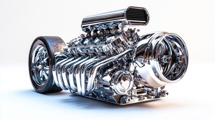 Poster - Chrome-plated high-performance V8 engine with single tire.