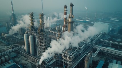 Aufkleber - Smoke billows from various tall structures of an industrial facility, while pipes and machinery are scattered across the area under a hazy sky.