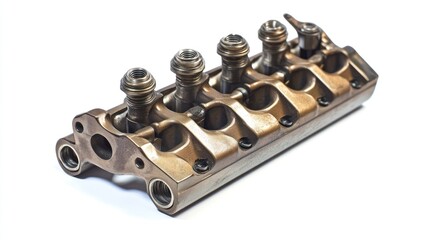 Poster - Close-up of a bronze-colored engine component, showing intricate details and mechanical parts against a white background.