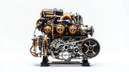 Fototapete - Close-up of a complex, intricate engine with visible internal components, displayed on a white background.