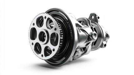 Fototapete - Close-up of a complex metallic automotive powertrain component, isolated on white.