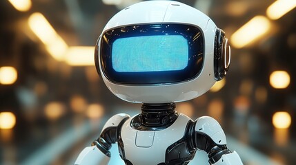 Poster - Close-up of a cute, small, white robot with a blue screen face, in a blurred futuristic setting.