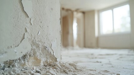 Aufkleber - Close-up of a damaged wall and dusty floor in an empty room under renovation.