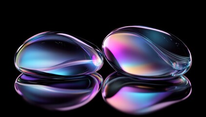 Wall Mural - Two iridescent glass pebbles reflecting on black surface.