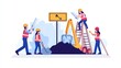 © Rauf - Construction workers crew. Cool vector character design on construction or maintenance process. Digging worker, engineer with blueprints, worker with signpost and female worker on ladder
