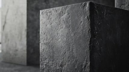 Poster - Close-up of a dark gray, rough-textured cubic stone block, with blurred lighter gray blocks in the background.