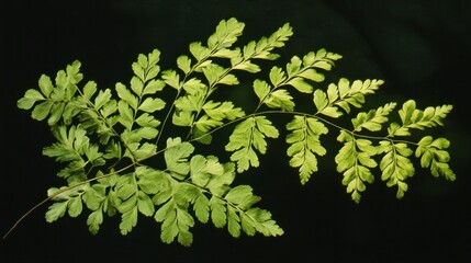 Poster - Close-up of a delicate fern branch with vibrant green leaves against a black background.