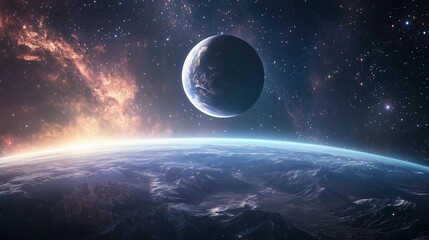 Wall Mural - a planet with a large moon in the sky. the planet is surrounded by a lot of stars