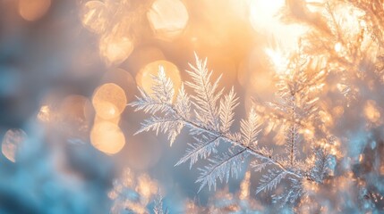 Poster - Close-up of a frost-covered branch with a soft, warm light bokeh background.