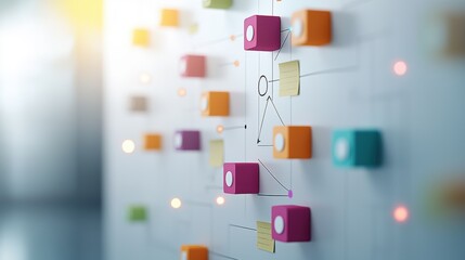 Poster - A whiteboard covered with a complex flowchart, drawn with colorful markers, depicting various stages of a business process, with sticky notes and arrows indicating areas for improvement.