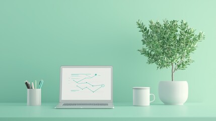 Poster - a minimalist flat lay photograph of a desk with a laptop displaying a business process diagram, surr